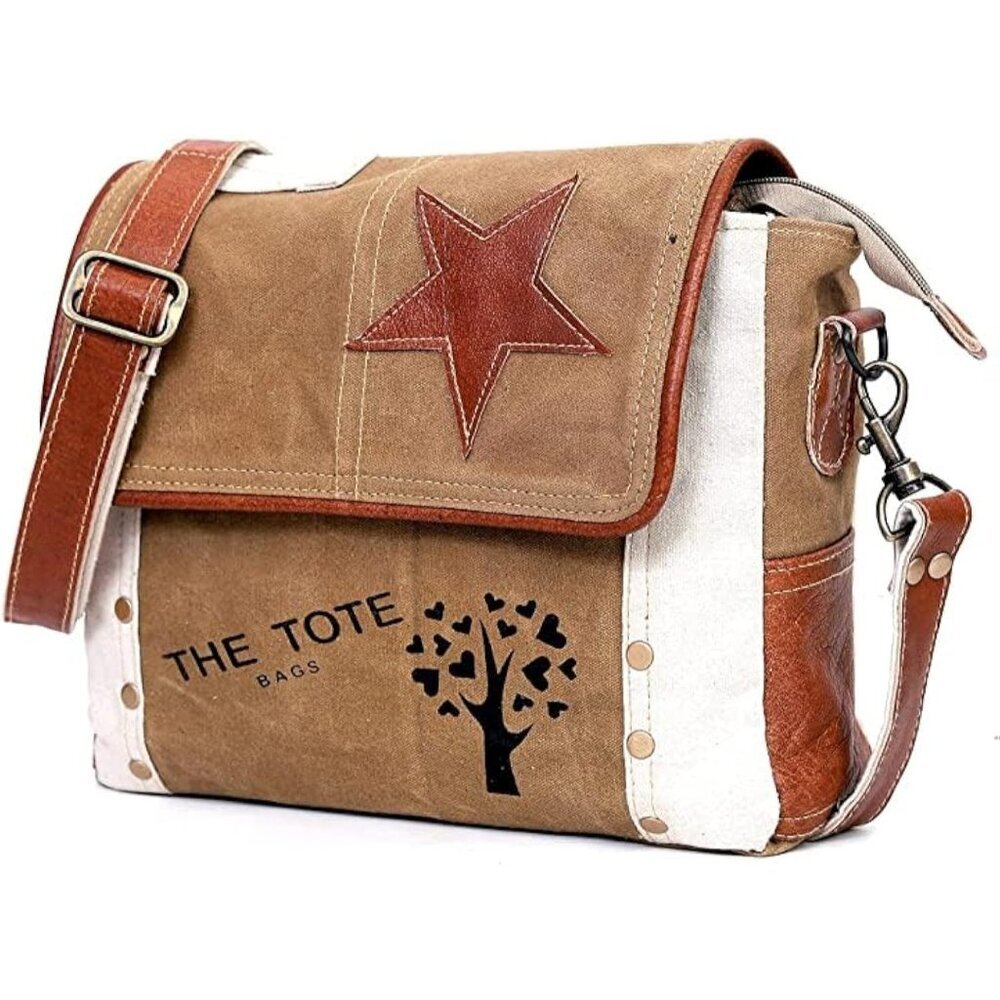 Canvas Leather Crossbody Bag Vintage 11 Inch Travel Satchel For Men Women
